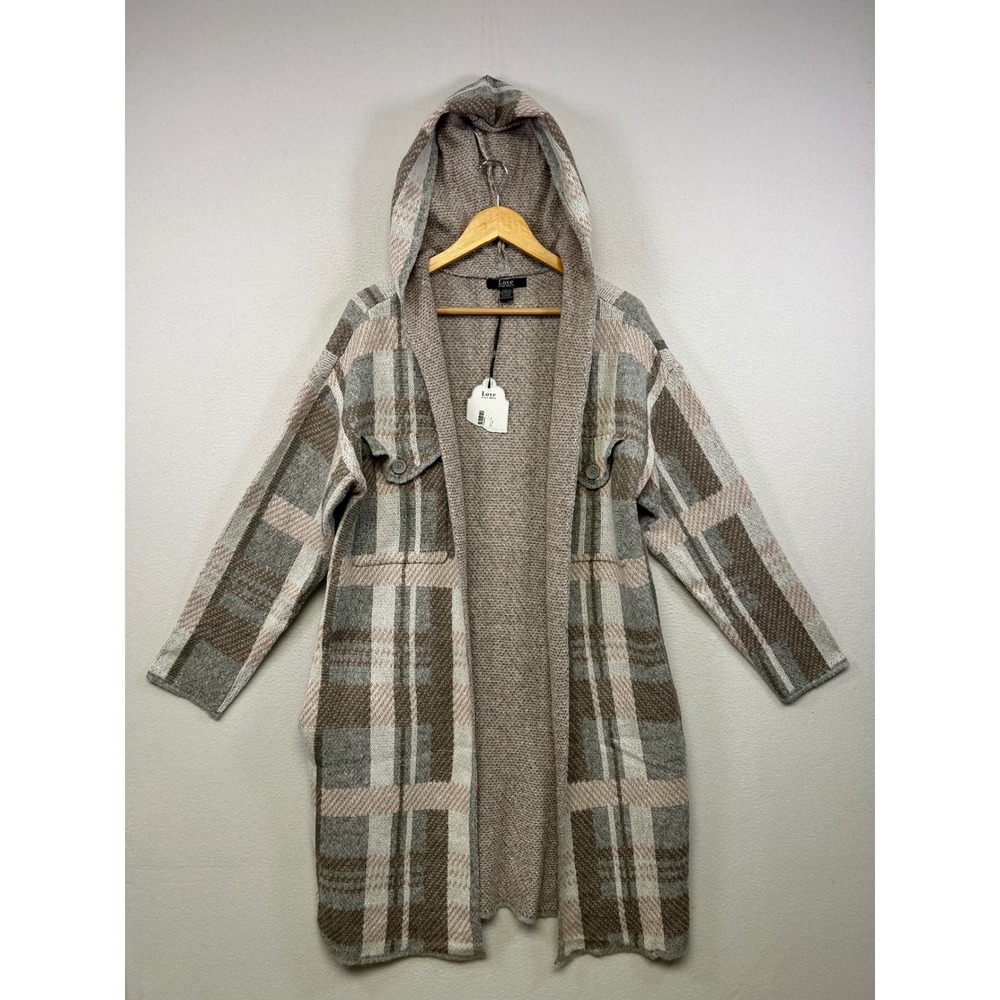 Cabincore Love Ever After Women XL Grey Plaid Hooded Longline Open Cardigan Cozy